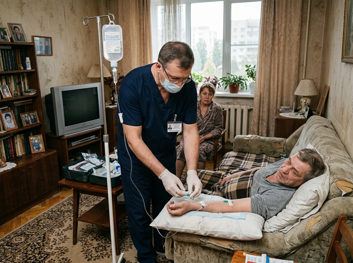 Врач-нарколог ставит капельницу пациенту в запое прямо дома, медицинская процедура в жилой комнате, Воронеж
