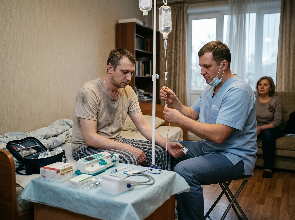 Снятие наркотической ломки на дому, врач-нарколог работает с пациентом, медицинское оборудование, профессиональная помощь при абстиненции
