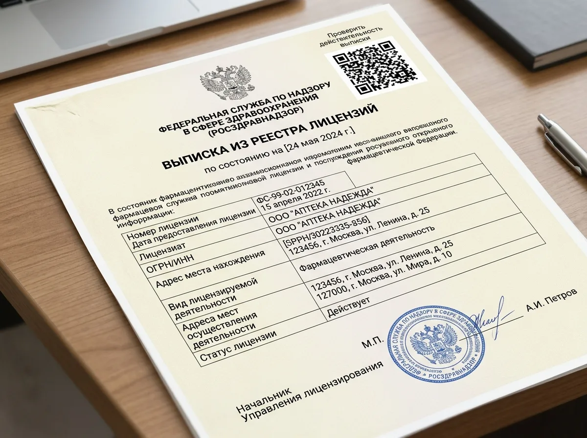 Выписка из реестра лицензий Росздравнадзора, официальная выписка с QR-кодом и печатью государственного органа