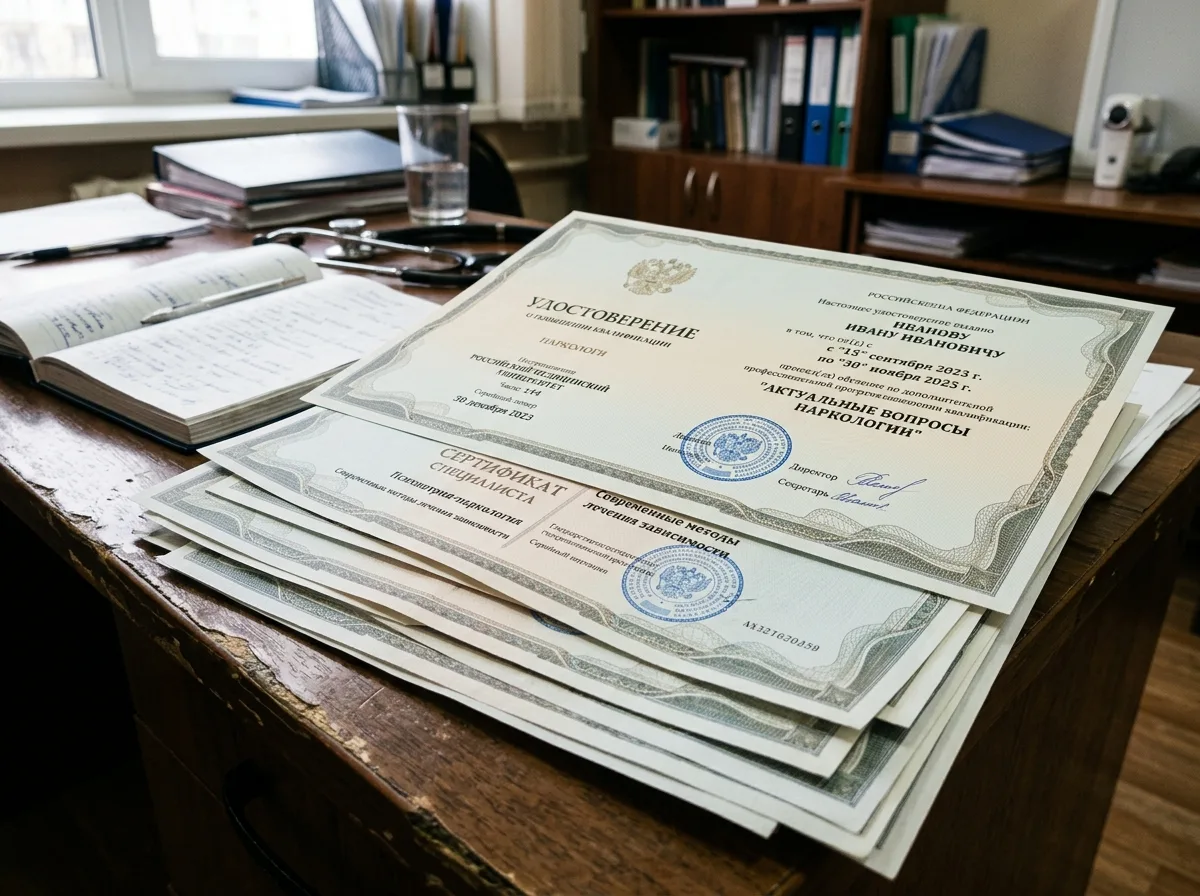 Сертификаты специалистов-наркологов, несколько медицинских сертификатов о прохождении повышения квалификации по наркологии